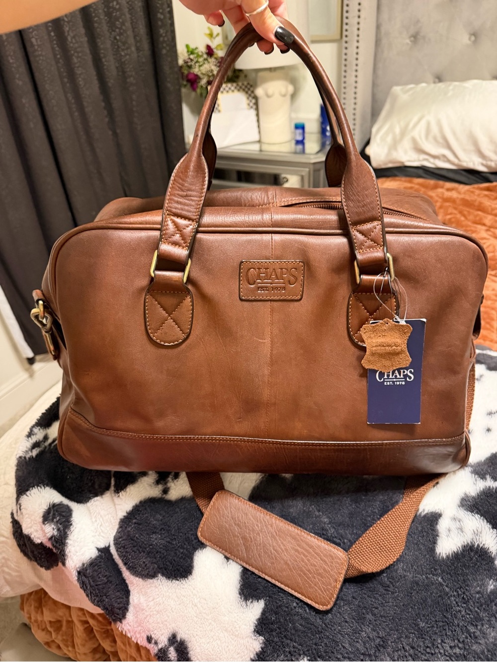 Chaps Brown Leather Duffel Bag with Shoulder Strap